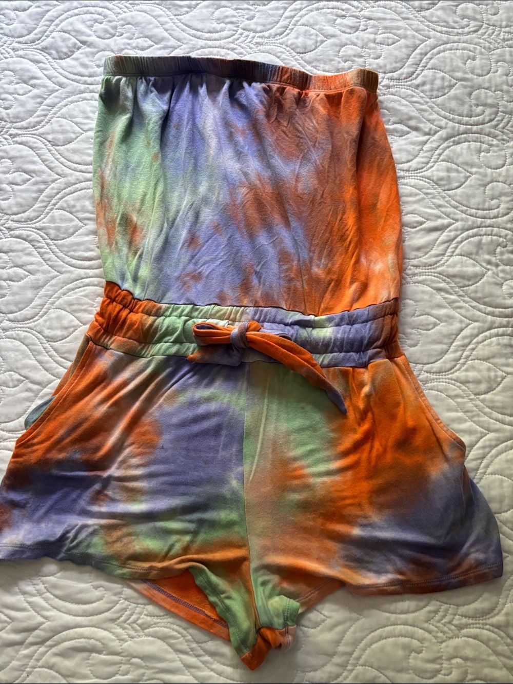 Lucky Brand Strapless Tie-Dye Romper in Orange, Purple, Green